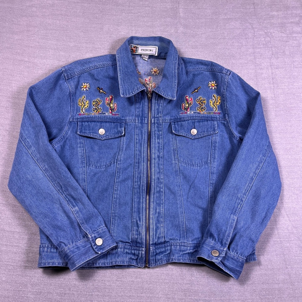 Passion-I Cactus Desert Embroidered Denim Zip Up Jacket Womens Medium Blue